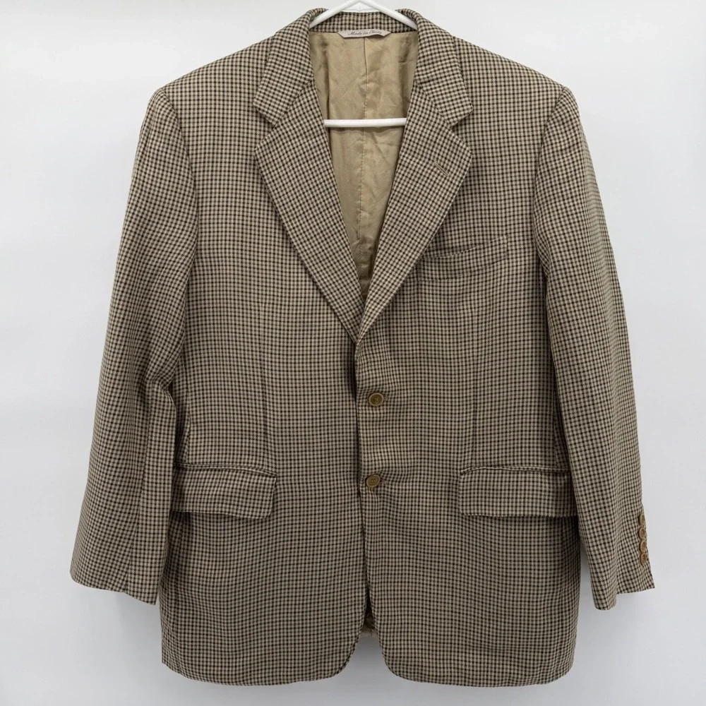 Canali Silk Wool Sport Coat Blazer Men 40R (50R IT) Brown Houndstooth Italy Made
